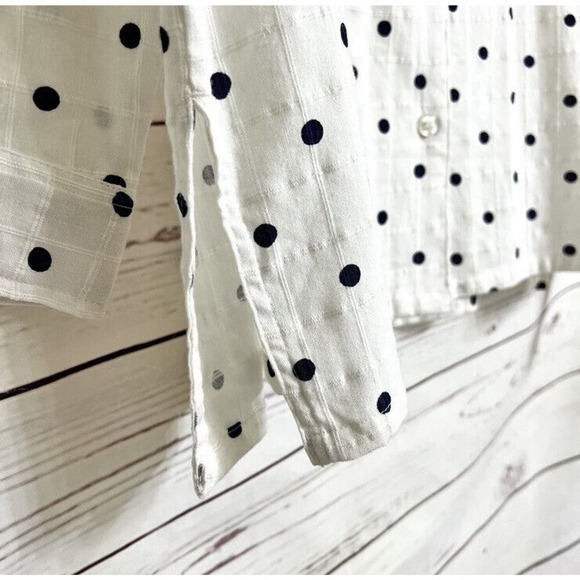 Erika Blouse Long Sleeve Collar Button White‎ Navy Polkadots Side Slits New - Picture 6 of 15